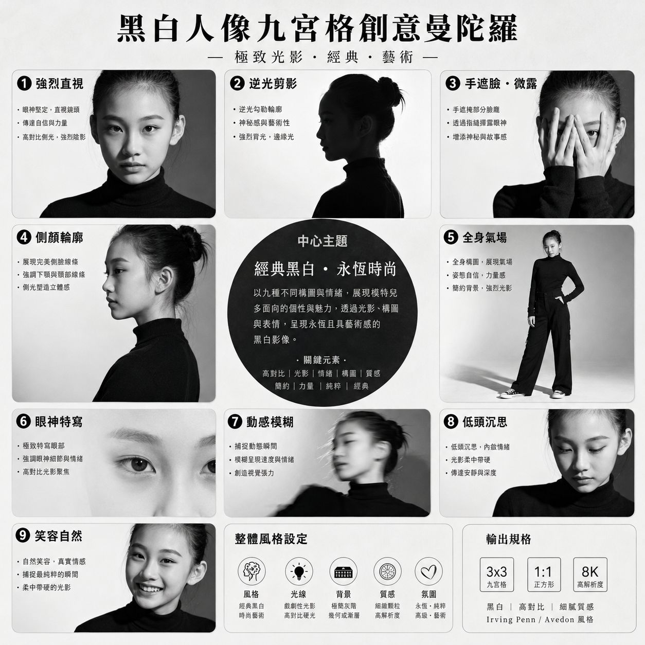 黑白人像九宮格：九宮格規劃